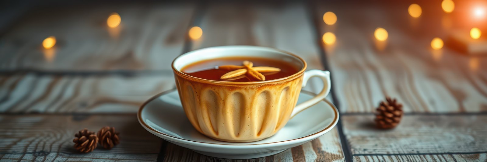 Warm cup of coffee on a rustic wooden table with decorative lights in the background during a cozy evening setting